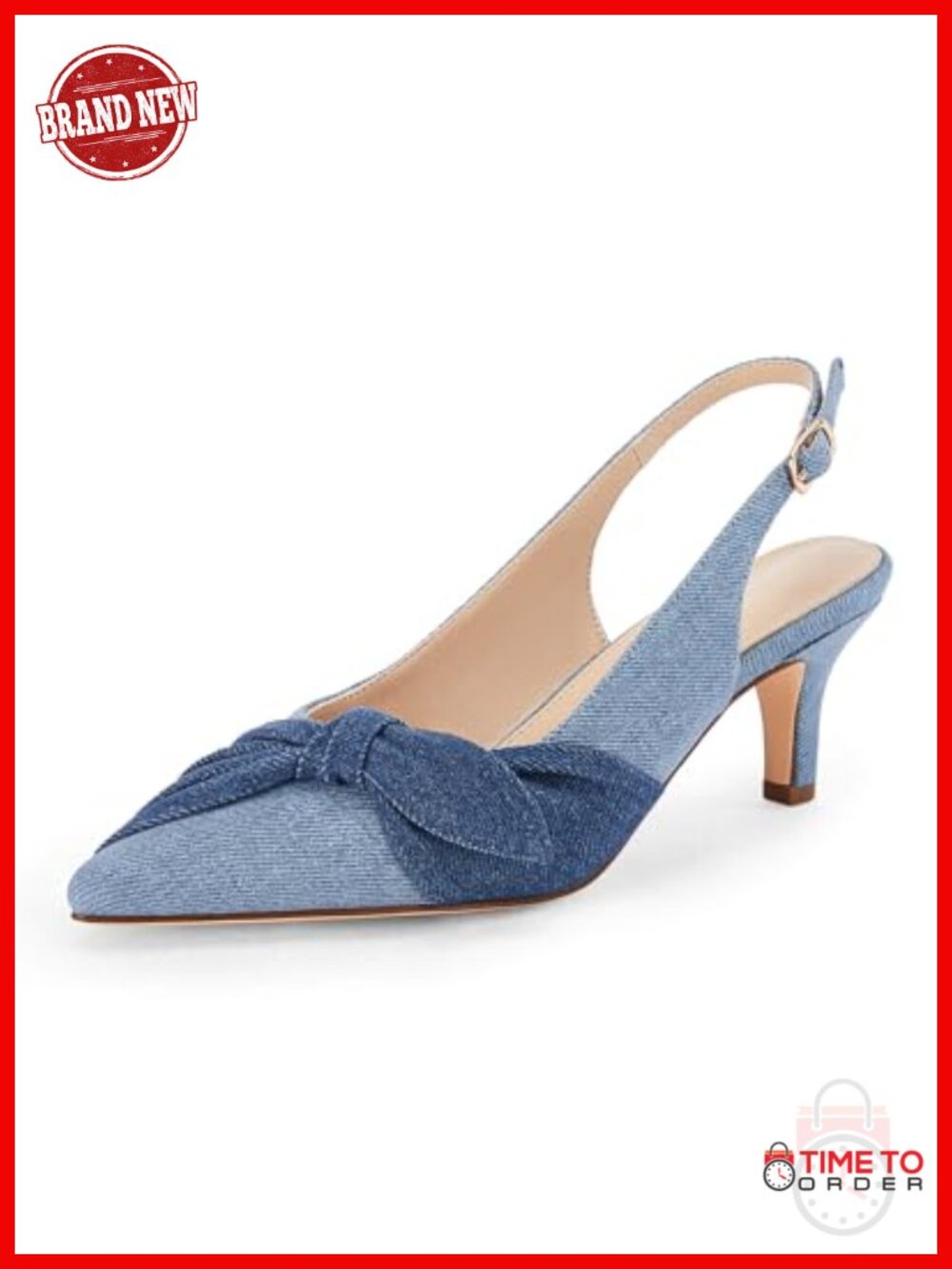 Denim Slingback Pumps Low Kitten Heels Closed Pointed Toe Dress Shoes